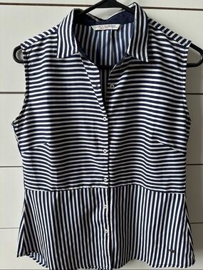 Sleeveless Navy and White Striped Button-Front Blouse